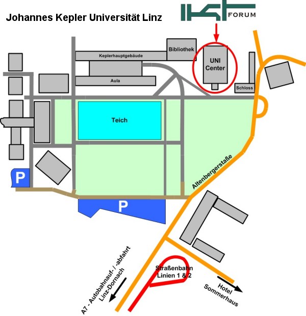 Lageplan der Uni mit markiertem Uni-Center (Mensagebäude) - Veranstaltungsort des IKT-Forums