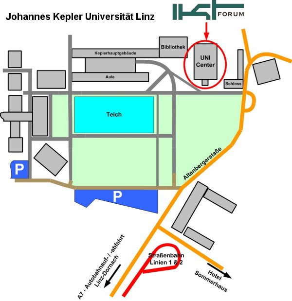 Lageplan der Uni mit markiertem Uni-Center (Mensagebäude) - Veranstaltungsort des IKT-Forums Lageplan der Uni mit markiertem Uni-Center (Mensagebäude) - Veranstaltungsort des IKT-Forums