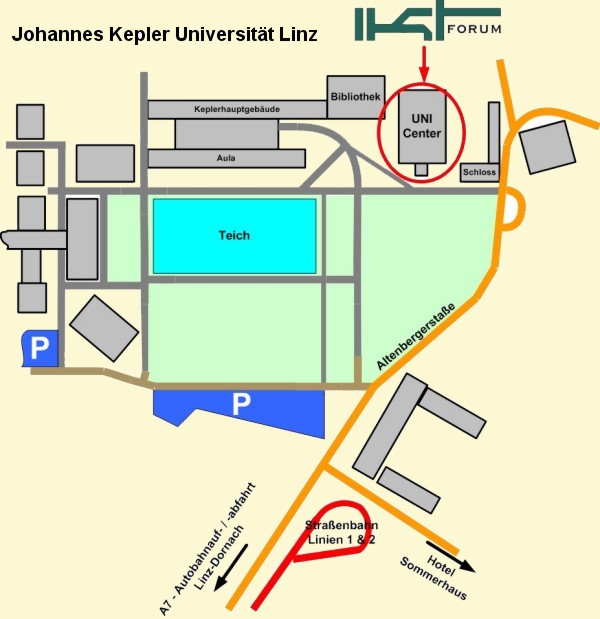 Lageplan der Uni mit markiertem Uni-Center (Mensagebäude) - Veranstaltungsort des IKT-Forums Lageplan der Uni mit markiertem Uni-Center (Mensagebäude) - Veranstaltungsort des IKT-Forums