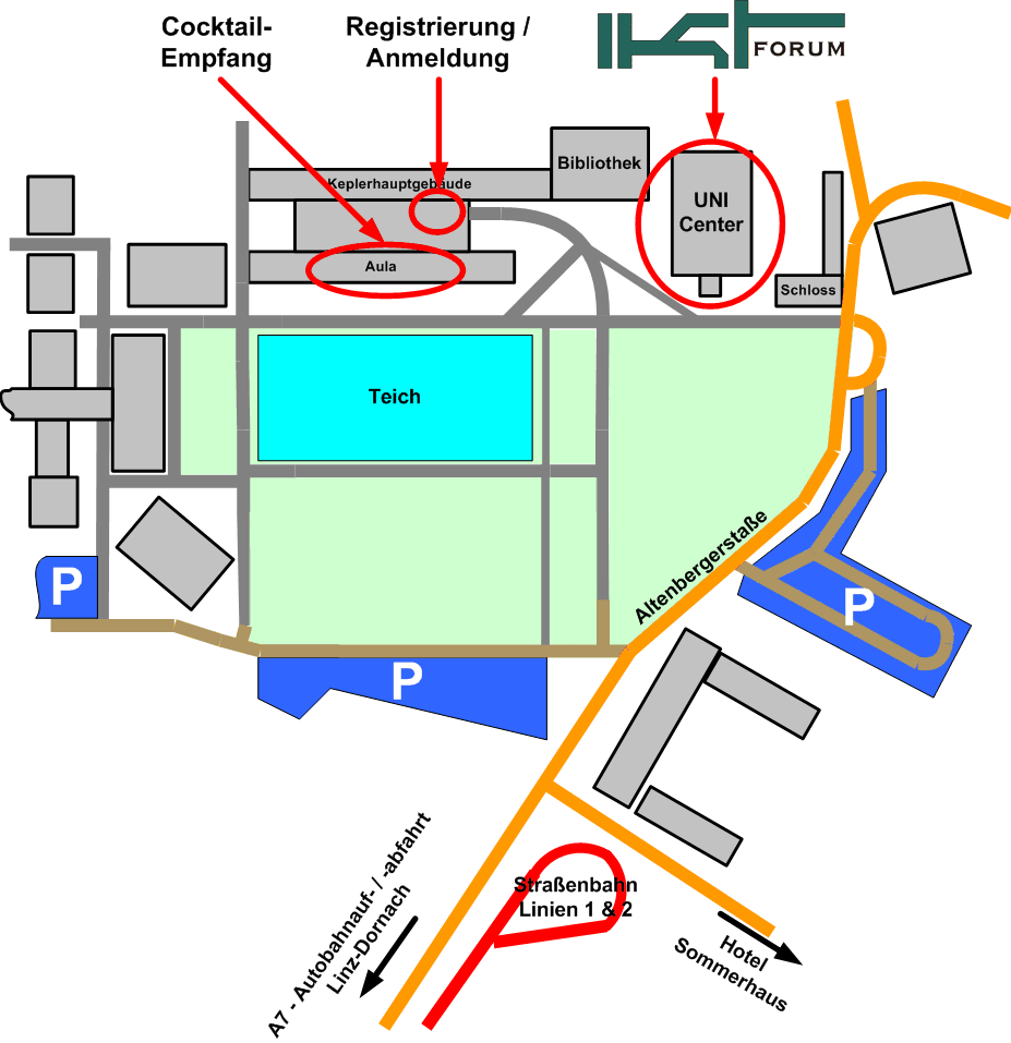 Lageplan der Uni mit markiertem Uni-Center (Mensagebäude) - Veranstaltungsort des IKT-Forums