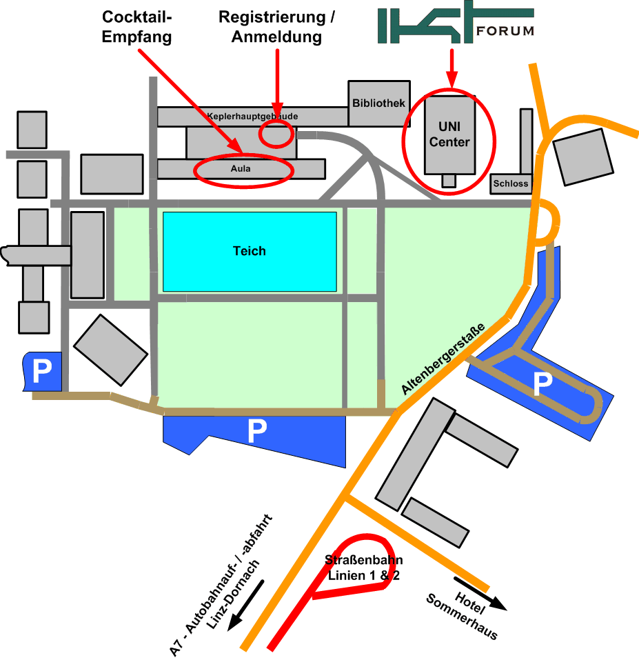 Lageplan der Uni mit markiertem Uni-Center (Mensagebäude) - Veranstaltungsort des IKT-Forums Lageplan der Uni mit markiertem Uni-Center (Mensagebäude) - Veranstaltungsort des IKT-Forums